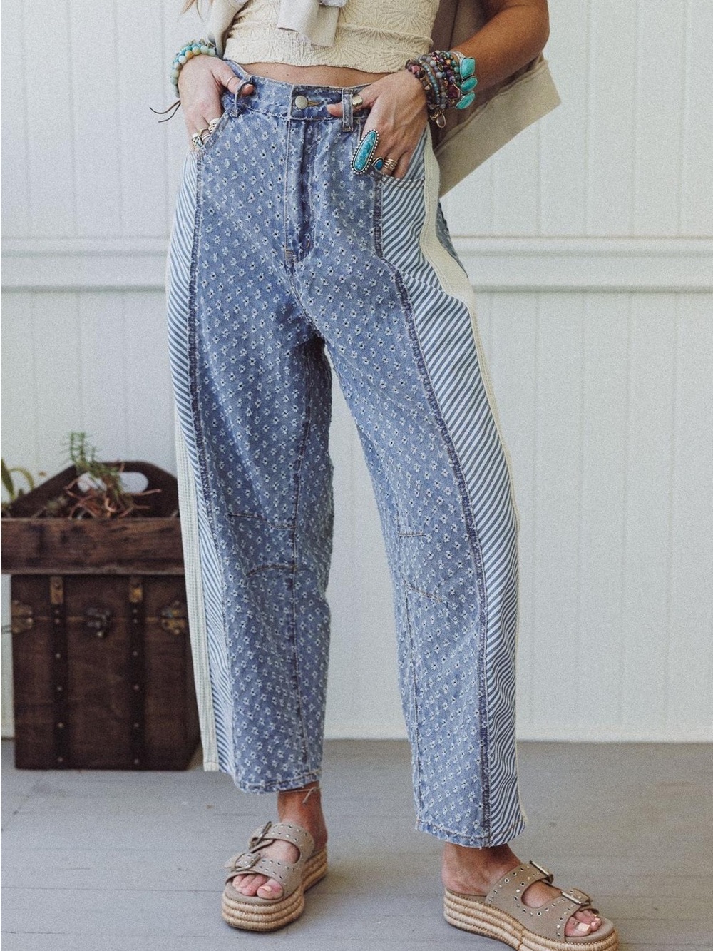 POL Blue Two-Tone Patchwork Wide-Leg Jeans